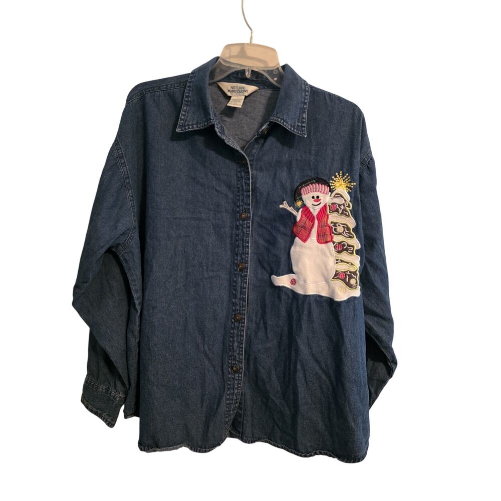 Vtg Natural Impressions Christmas Denim Shirt Long Sleeve Snowman Tree XL